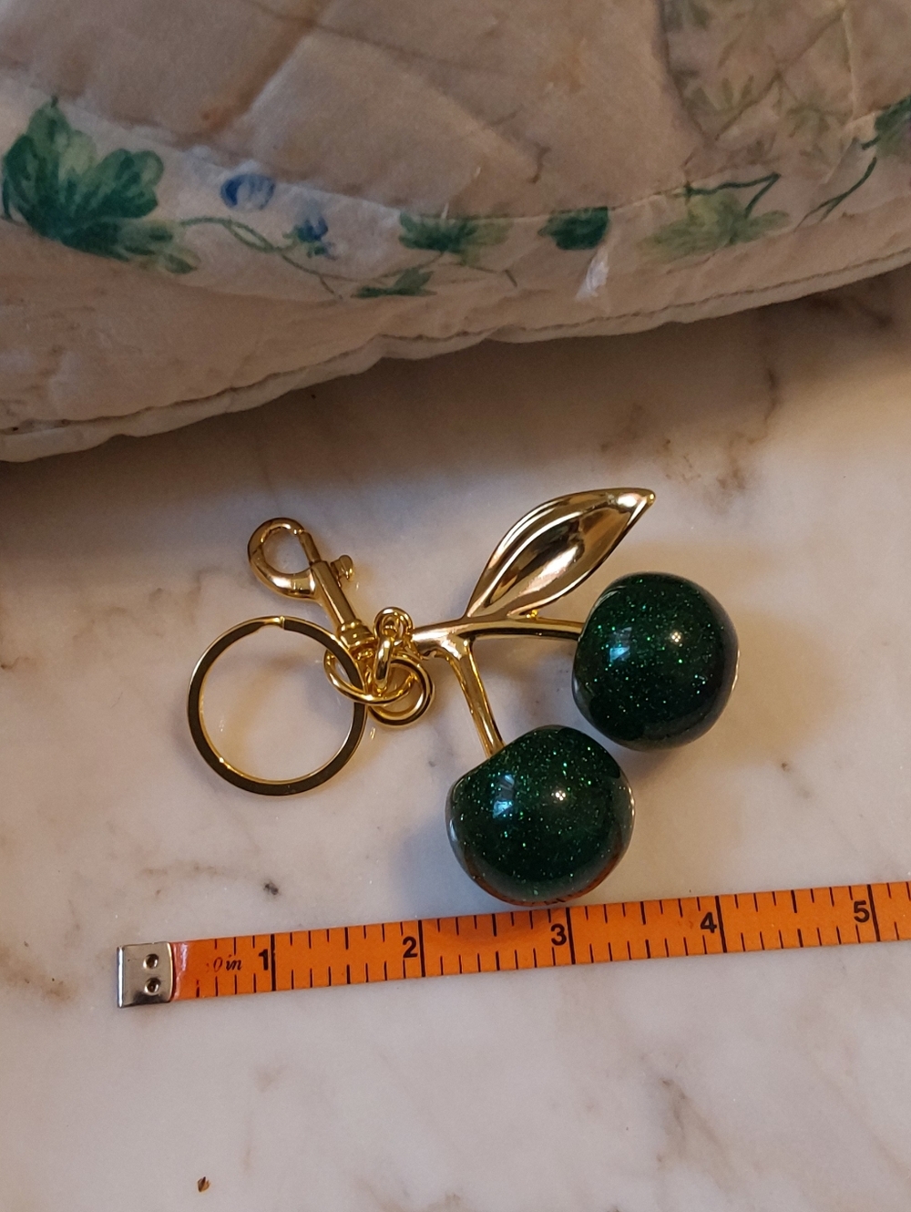 NWOT Green Resin Cherries Bag Charm, Large Goldtone Key Chain - Picture 3 of 7